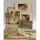 An interesting folio of watercolours, gouaches, prints and works on paper,