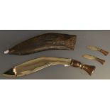 A Gurkha kukri, 32cm curved blade, two-piece wooden grip, domed pommel,