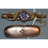 A Victorian 9ct gold seed pearl and amethyst bar brooch; 3.
