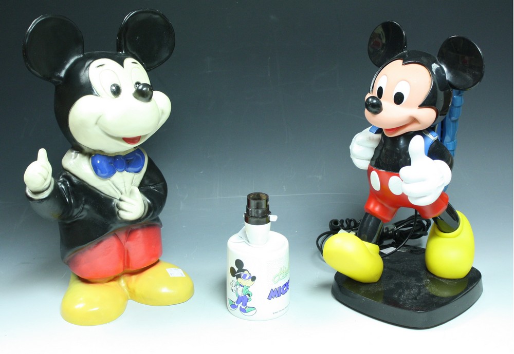 A TYCO Mickey Mouse telephone; a 1980's rubberoid Mickey Mouse table lamp; another,