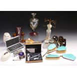 Ladies Accessories - an enamelled four piece vanity set; dressing table jars including silver cover,