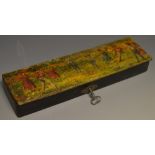 An interesting papier mache pencil box, transfer printed with children playing lawn tennis,