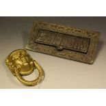 Door Furniture - a large Victorian brass letter box; a door knocker,