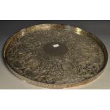 A Mappin and Webb circular silver plated tray, engraved decoration, low gallery,
