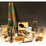 Boxes and Objects - a cased tortoiseshell brush set, a copper jelly mould, a cast metal doorstop,