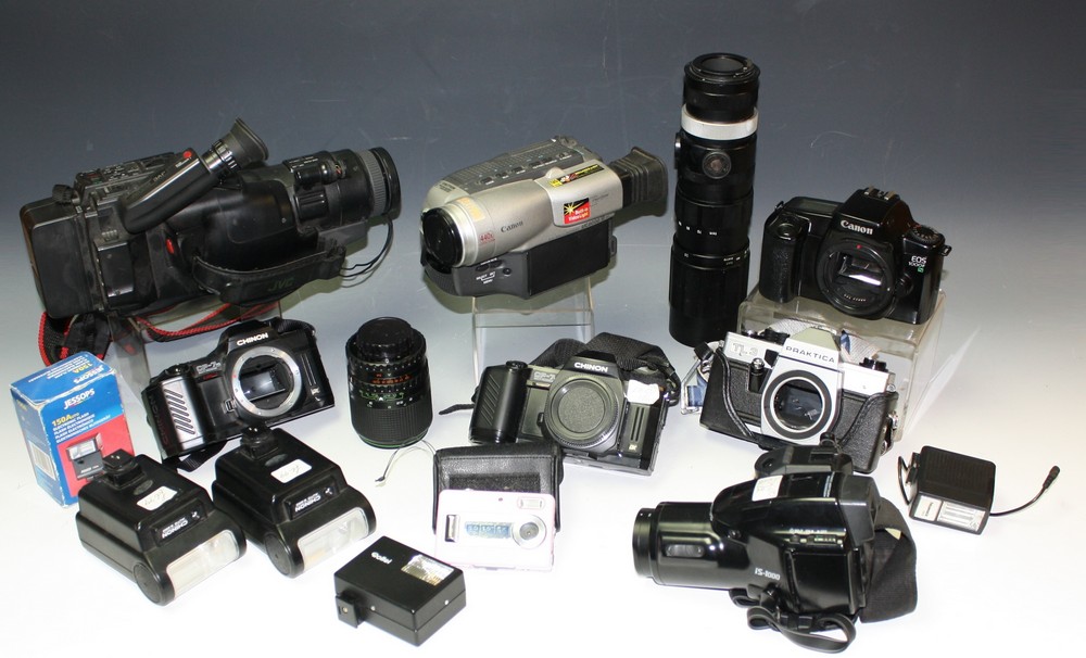 Cameras - a Chinon CP-7m SLR camera back; another, similar; others, Canon EOS1000F,