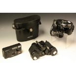A pair of Pentax Asahi Zoom binoculars, 15x, model number 568, cased; a Konica A1Borg,