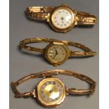 Watches - and early 20th century 9ct gold cased bracelet watch, enamel dial, Arabic numerals,
