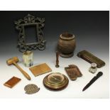 A brass and mahogany cribbage board; a brass wall hanging circular wheel barometer;