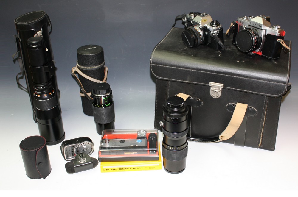 Photographic Equipment - cameras, a Praktica L2, an Olympus OM10; a Tokina zoom lens; a 6.