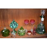 Glassware - a green flashed glass decanter; a Jack in the Pulpit vase; Victorian green glass jars;