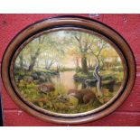 GR Herickx Otters signed, dated 89,oil on canvas, oval frame,