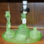 An Art Deco frosted green glass table lamp,