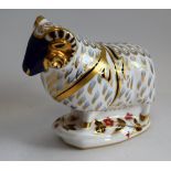 A Royal Crown Derby paperweight, Ram, gold stopper,