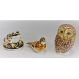 A Royal Crown Derby paperweight, Barn Owl, gold stopper; others, similar, Frog and Linnet,