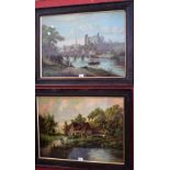 After E McTaggart, a print, Waterside scene, oak frame, 70cm x 50cm; another, after J Harnack,