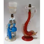 A Murano glass table lamp, as a courting couple, blue, clear and gold flecked glass; another,