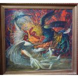 Vladimir Trechicoff, after, Fighting Cocks, signed, textured print, 59.5cm x 64.