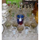 Glassware - a set of six George III style canary yellow and white twist wine glasses;