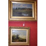 English School Moored in the Reeds unsigned, oil on canvas, 29cm x 44cm, gilt frame; another,