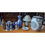 Ceramics - a large Chinese barrel seat/plant stand; a vase, vase and candlesticks suite,