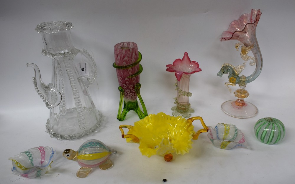 Glassware - Venetian and other glass including a pair of leaf dishes, twisted cane in pink, green,