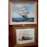 Hydas Clipper on the High Seas signed, oil on board, 50cm x 60cm; another, HMS Victory, a print,