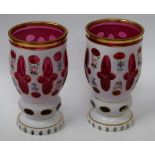A pair of late 19th century Bohemian ruby glass vases, overlaid in white and painted flowers,