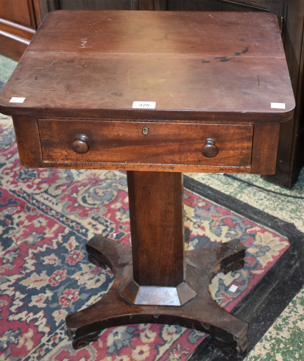 A William IV mahogany work table, rounded rectangular top above a single frieze drawer,