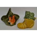 A Sylvac squirel posy holder, 4240; another, kittens in a boot,