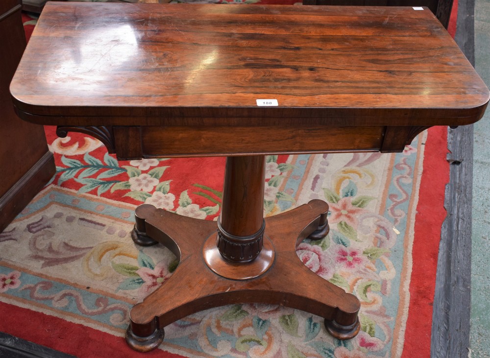 A William IV rosewood card table, hinged rectangular top enclosing a baize lined playing surface,