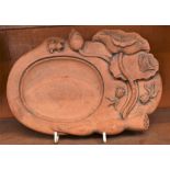 A Chinese terracotta ink block holder, as pond with lily pads and frog, approx 23cm wide,