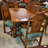 A substantial oak refectory type dining table, rectangular top above a nulled frieze,