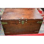 A 19th century oak brass bound campaign type chest/trunk, carry handles to sides,