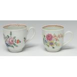 A Liverpool Chaffers coffee cup, painted with floral sprays and an inner line dot and loop border,