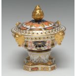 A Royal Crown Derby 1128 pattern ogee pot pourri vase and cover, applied in gilt with masks,