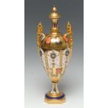 A Royal Crown Derby 1128 two handled pedestal ovoid vase and integrated cover, 31cm high,