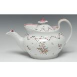 A New Hall boat shaped teapot and cover, decorated with pink flower sprays, 16.5cm high, c.