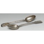 A pair of George III silver Fiddle pattern basting spoons, 30cm long, William Eaton London,
