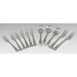A composed Victorian silver King's pattern part table service, comprising a pair of table forks,
