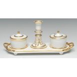 A Bloor Derby rare inkstand, with taper stick and two wells, bordered in gilt, 28cm wide, c.