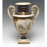 A Derby Named View two-handled pedestal ovoid vase, painted with Kirkstall Abbey,