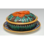 A Wedgwood majolica lobster tureen and cover, in relief with stiff leaves,