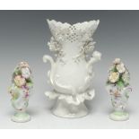 A pair of Derby Patch Mark Rococo cartouche-shaped vases,