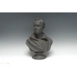 A Wedgwood black basalt portrait bust, of Lord Byron FRS (1788 - 1824), circular socle, 37cm high,