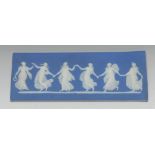 A Wedgwood Blue Jasperware rectangular plaque, of the dancing hours, 26cm wide, impressed mark, c.