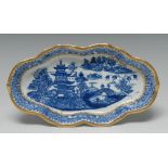 A Caughley the Fenced Garden pattern spoon tray, printed with pagoda,