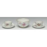 A Chelsea Derby teabowl and saucer, decorated with peonies and others flowers, gilt dentil rim,