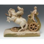 A Royal Dux figure group, of a Roman chariot with two rearing horses, in burnished gilt,