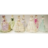 Royal Worcester - seven elegant lady figures including Embroidery from The Graceful Arts series;